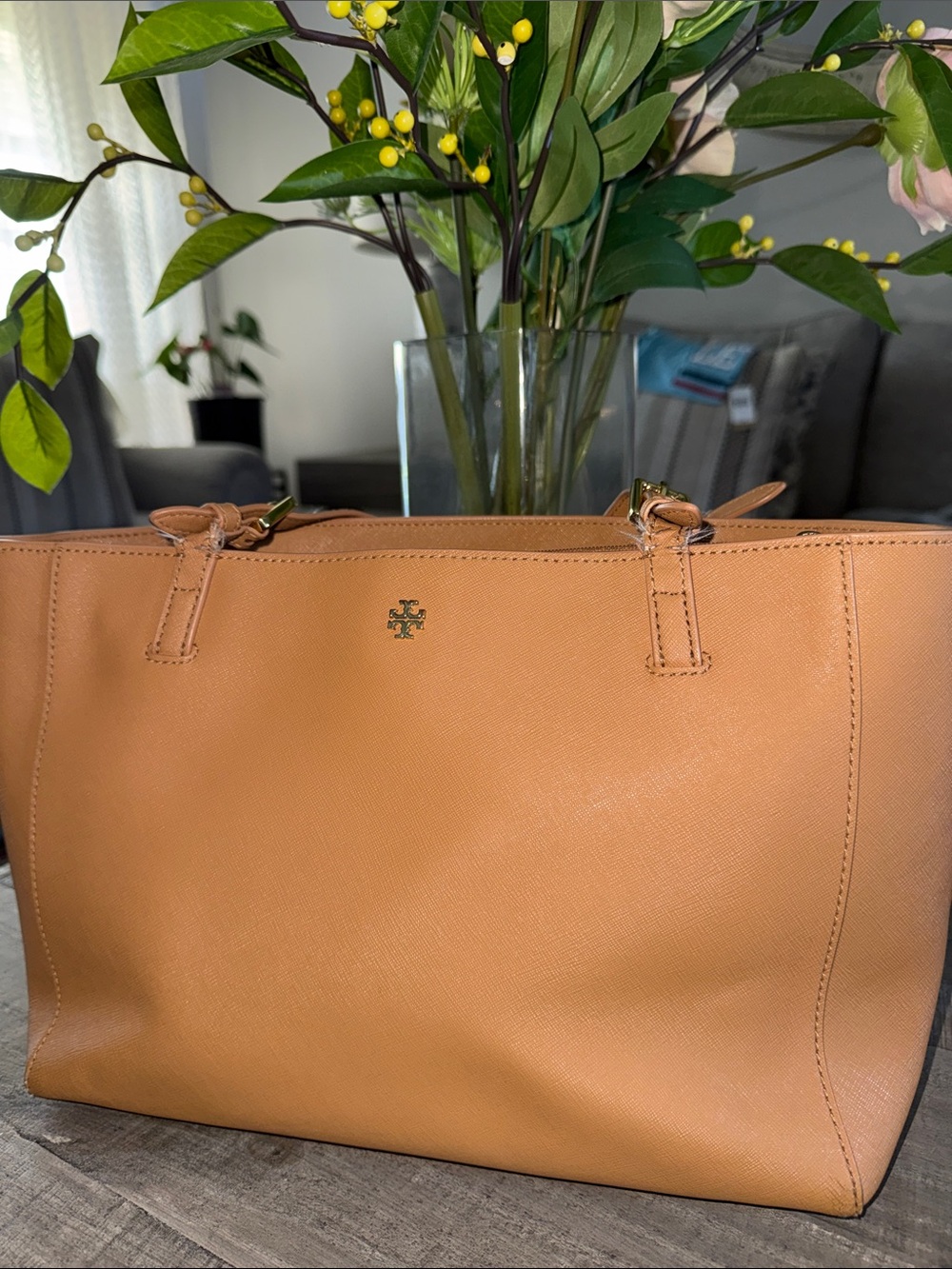 Tory Burch Saddle Tan Leather Tote with Gold Logo